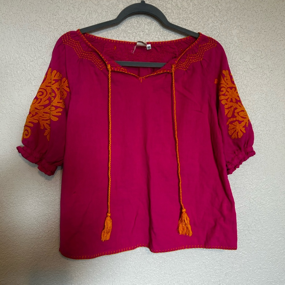 Ivy Jane hot pink top with orange embroidery and tassles size xs